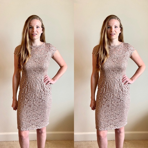 Marina champagne lace sequin short slv midi dress - Picture 2 of 8